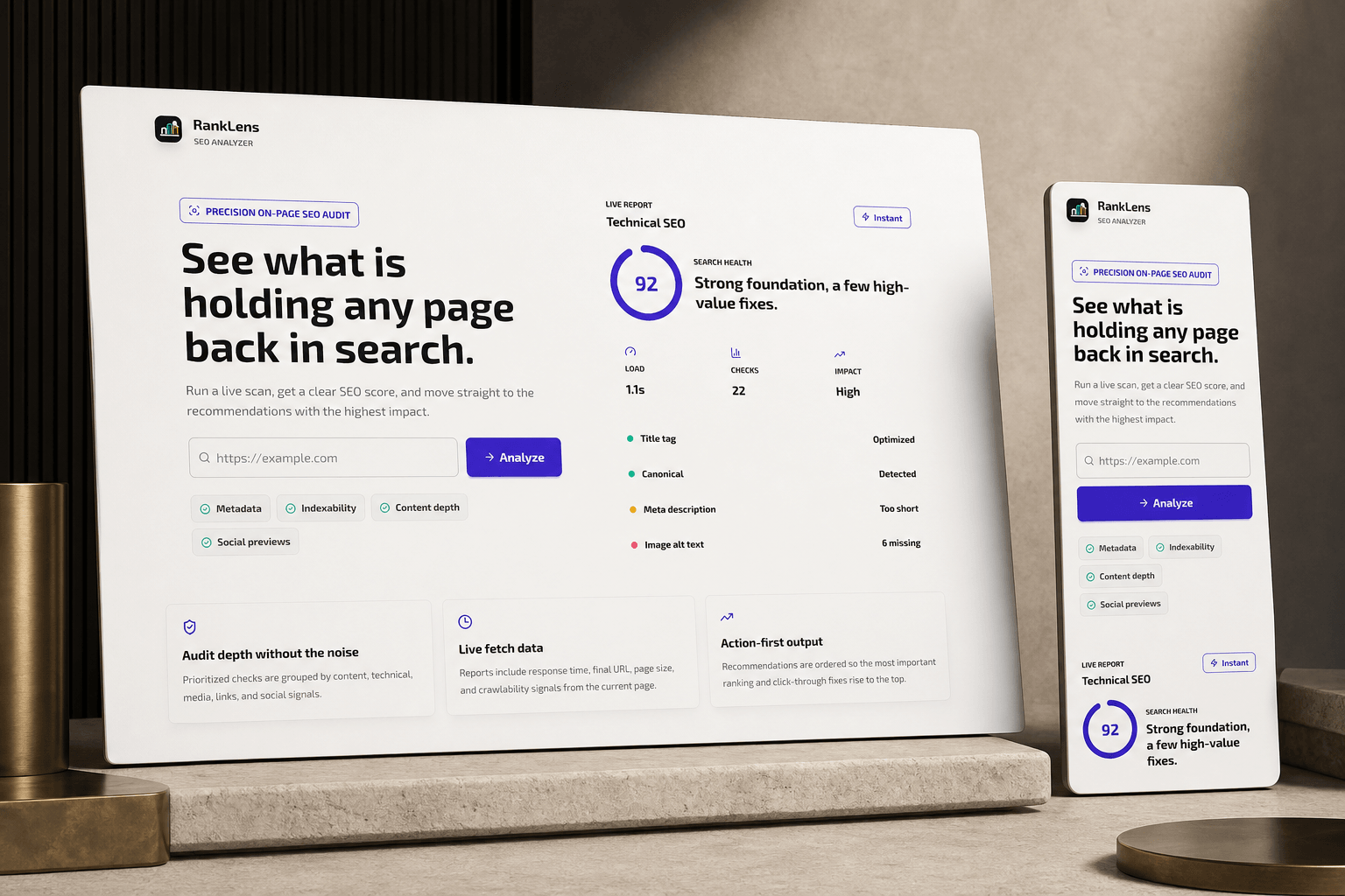 RankLens SEO Analyzer shown on desktop and mobile