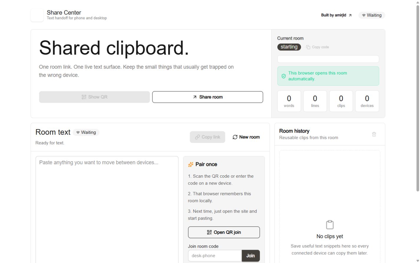 Share Center shared clipboard interface